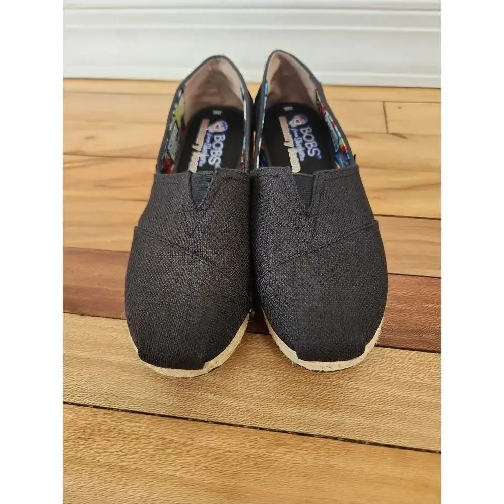BOBS Skechers Womens 6 Espadrille Slip-On Black Linen Comfort Shoes Memory Foam